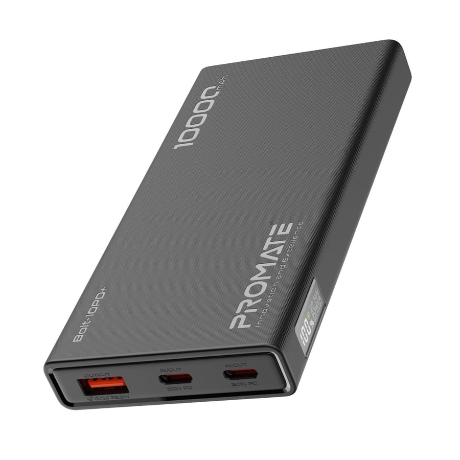 بروميت بطارية متنقلة من بروميت بسعة 10000 مللي أمبير في الساعة، يدعم تقنية power delivery عبر منفذ usb-c بقوة 20 واط وشحن سريع عبر منفذ usb-a، مزود بمنفذي usb-c مزدوجي الوظيفة (للإدخال والإخ