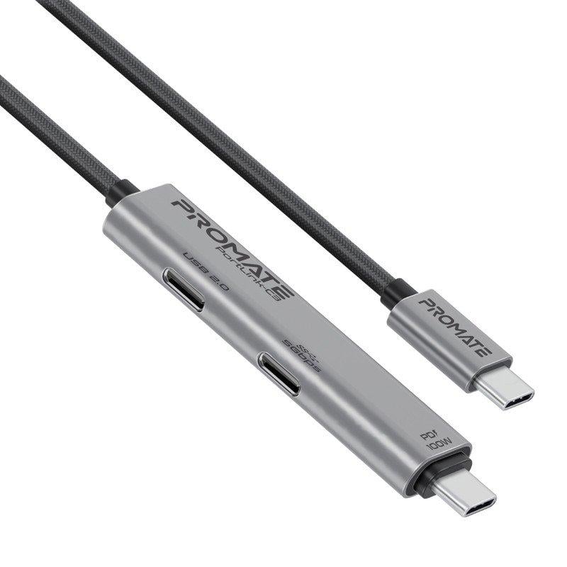 بروميت كيبل USB-C ثلاثة في واحد مع موصل USB-C قدرة شحن 100 واط مع نقل بيانات سريع وشحن فعال, منافذ USB-C المزدوجة يقدم نقل بيانات بسرعة 5Gbps و الآخر سرعة 480Mbps
