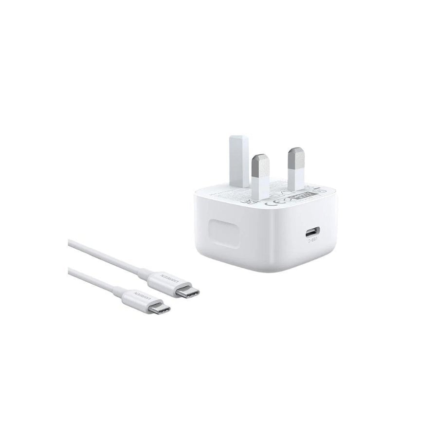 يوجرين شاحن جداري يوجرين بمنفذ usb-c وبقوة 20 واط مع سلك usb-c إلي usb-c - أبيض