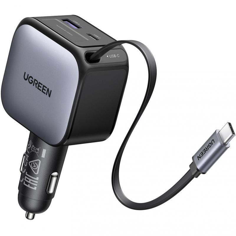 شاحن سيارة UGREEN EC603 - واط 90 شاحن سيارة قابل للسحب رمادي فضائي