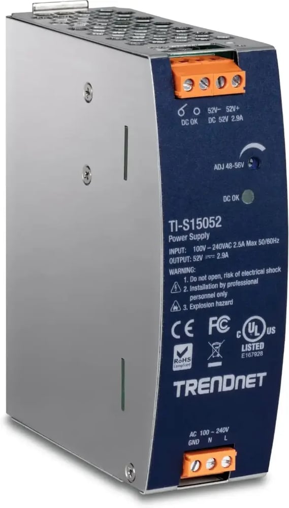 ملحق طاقة للشبكات TRENDnet 150W, 52V DC, 2.89A AC to DC DIN-Rail Power Supply