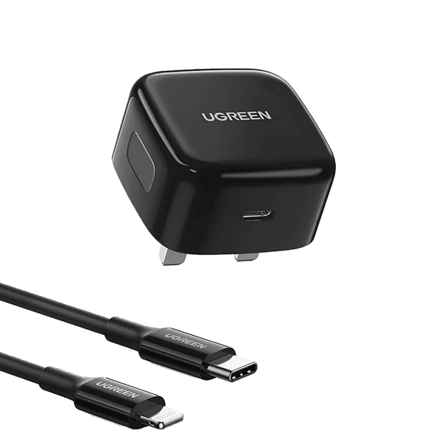 يوجرين شاحن جداري يوجرين بمنفذ usb-c pd مع سلك ايفون وبقوة 20 واط - أسود