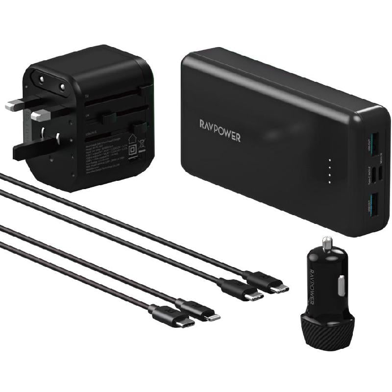 باور بانك RAVPower 5-IN-1 Travel Combo - 4 منافذ USB 2X USB/2X USB-C 20000 مل أمبير اسود