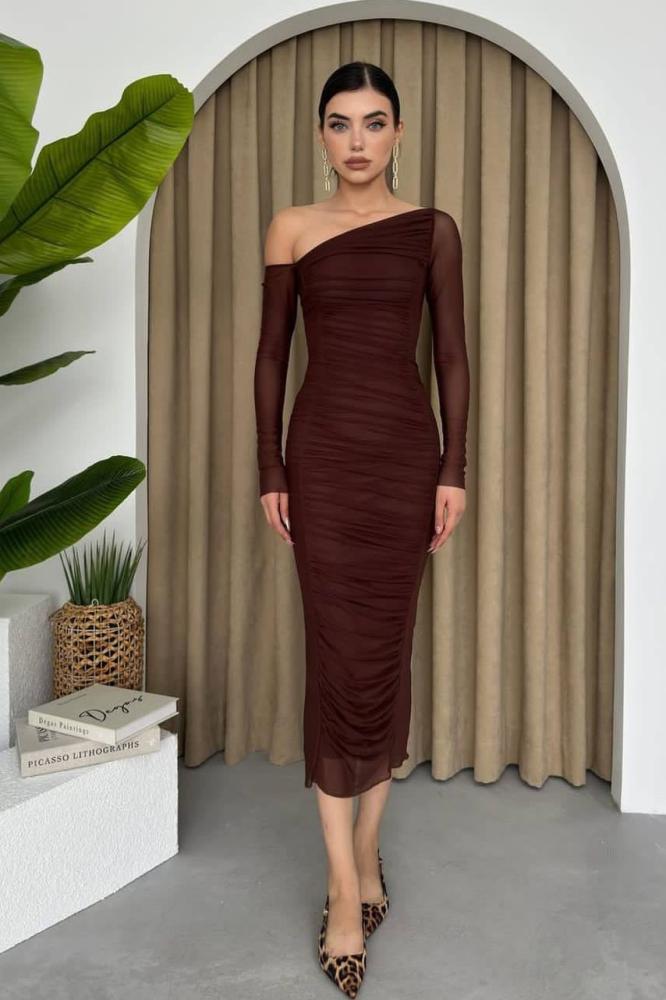 One Shoulder Slanted Maxi Dress with Charming Look - Brown
