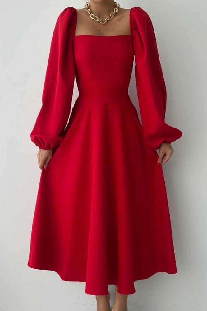 Classic Midi Long Sleeve Dress - Red