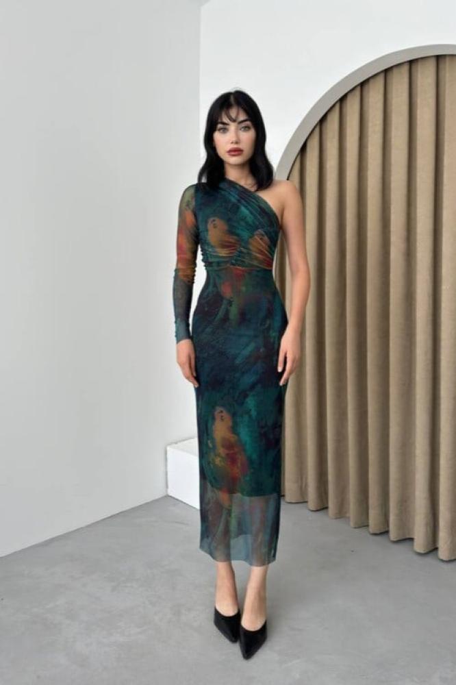One Shoulder Maxi Dress with Elegant Look - Gradient Green