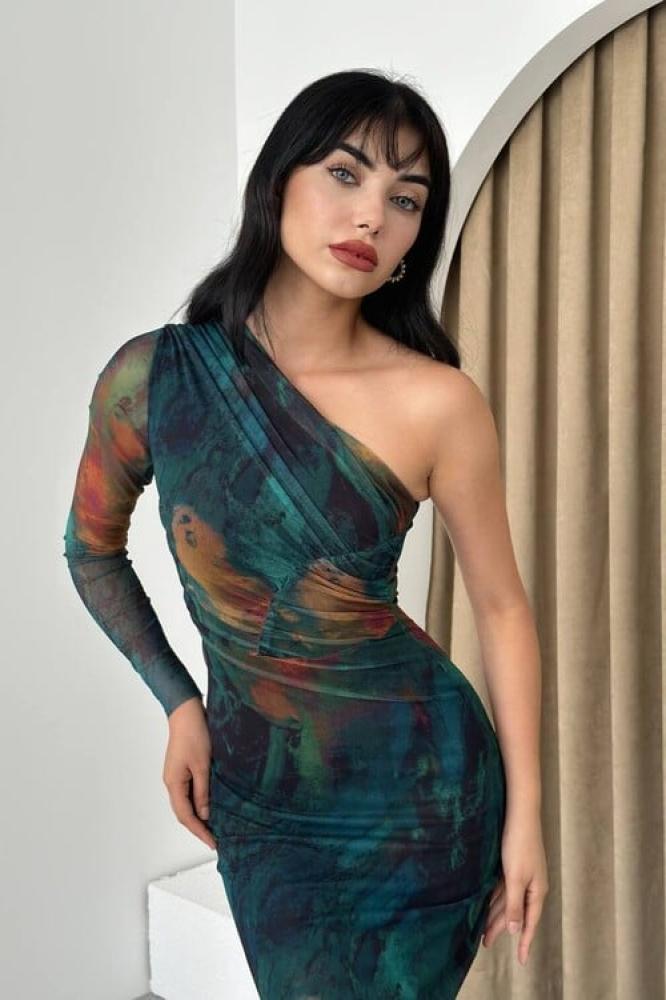 One Shoulder Maxi Dress with Elegant Look - Gradient Green