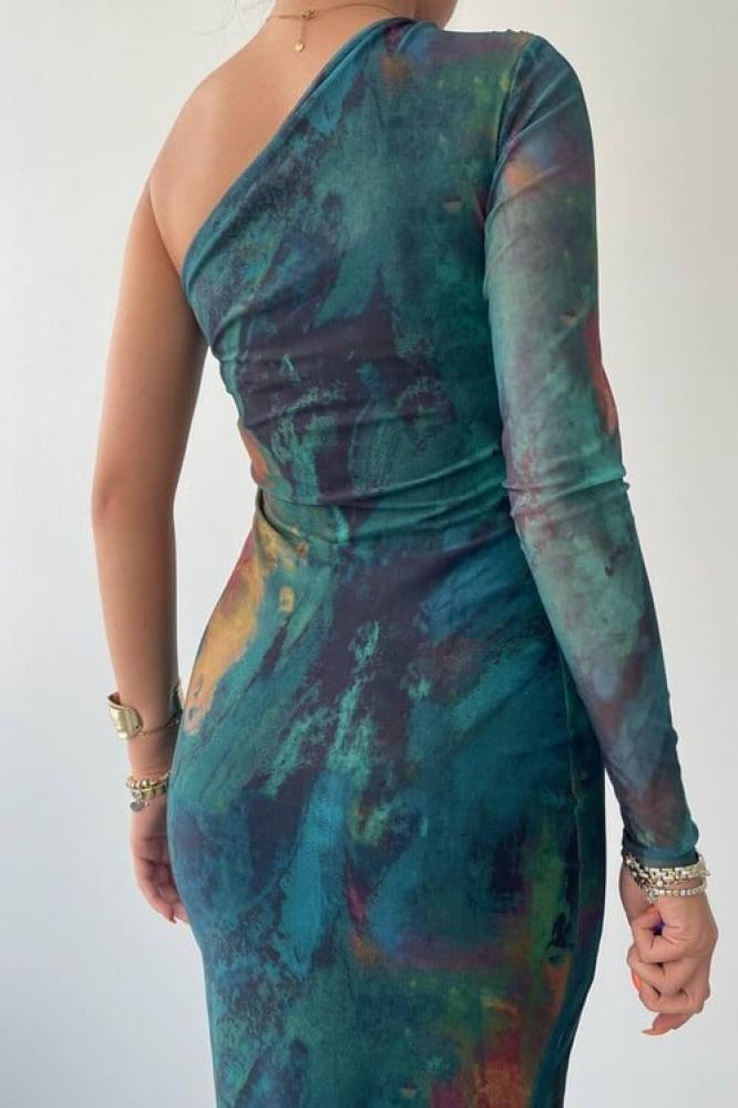 One Shoulder Maxi Dress with Elegant Look - Gradient Green