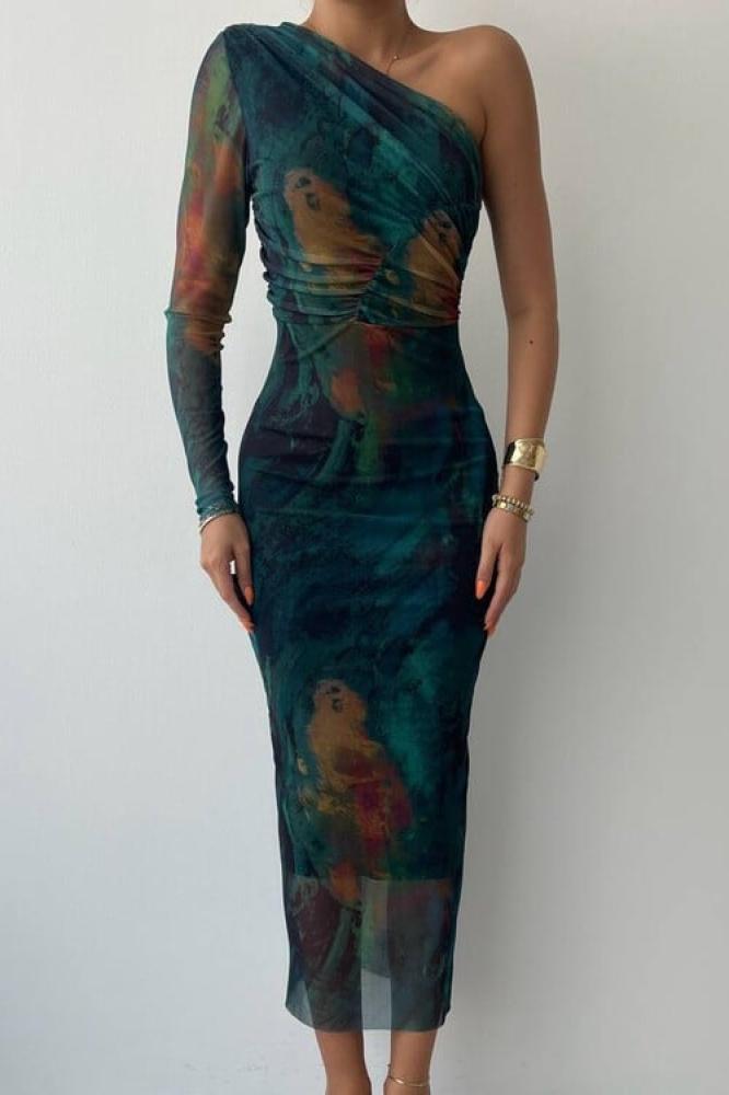 One Shoulder Maxi Dress with Elegant Look - Gradient Green