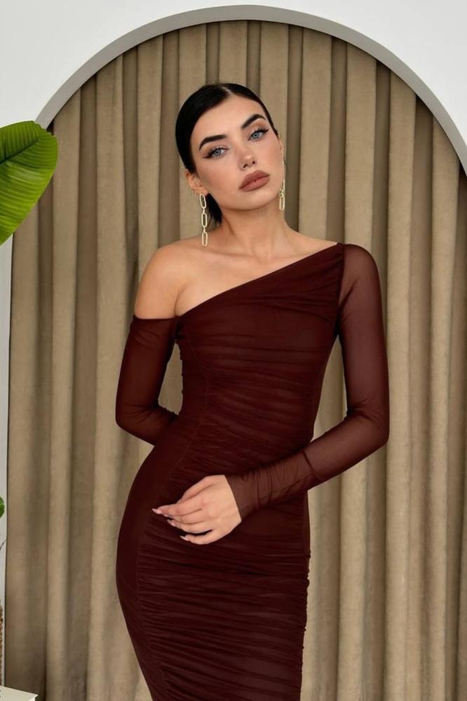 One Shoulder Slanted Maxi Dress with Charming Look - Brown