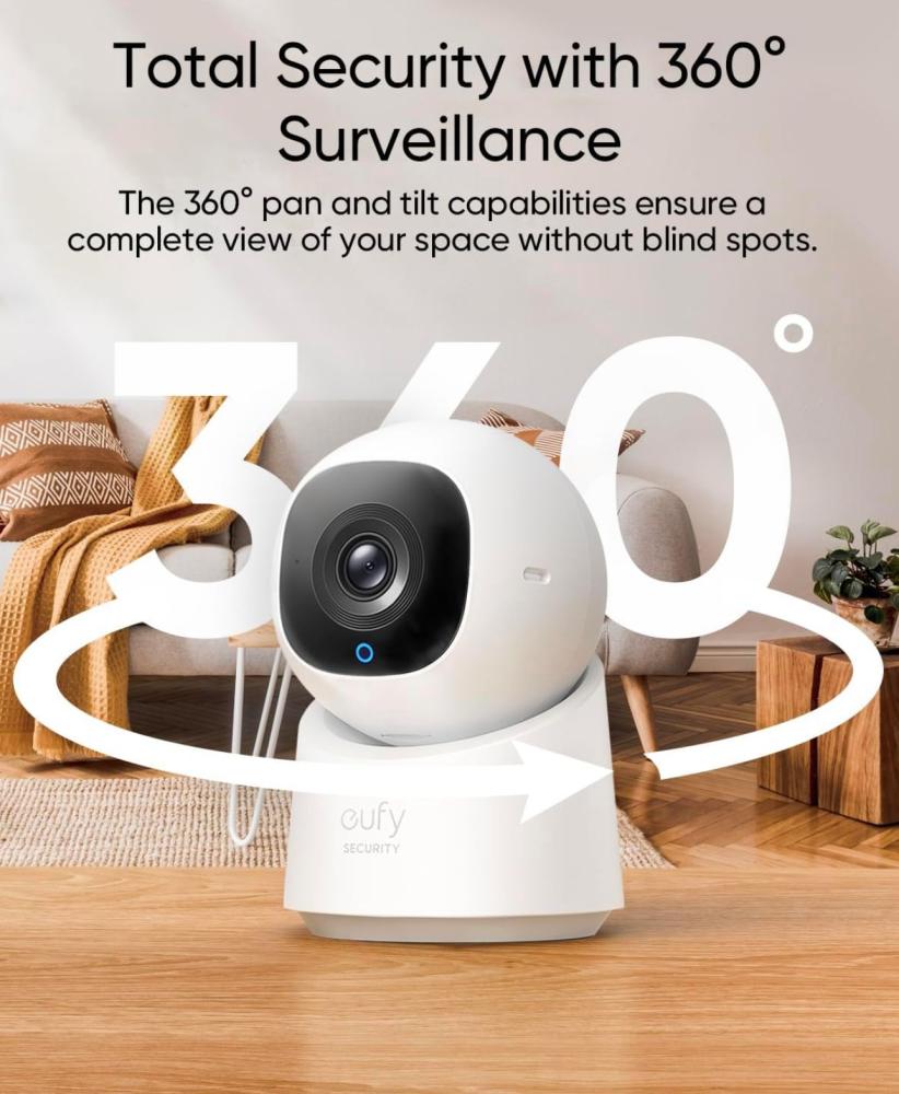 يوفي كاميرا من شركة أنكر مراقبة داخلية C220 ، بدقة 2K مع PTZ 360 درجة امان مع واي فاي 2.4G ذكاء اصطناعي بشري حركة رؤية ليلية تتبع متوافقة مع هوم بيس S380 لاسلكي