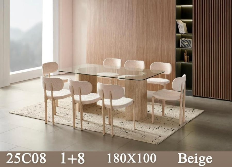 طاولة طعام 6 كراسي بيج مستطيل زجاج شفاف 180*100