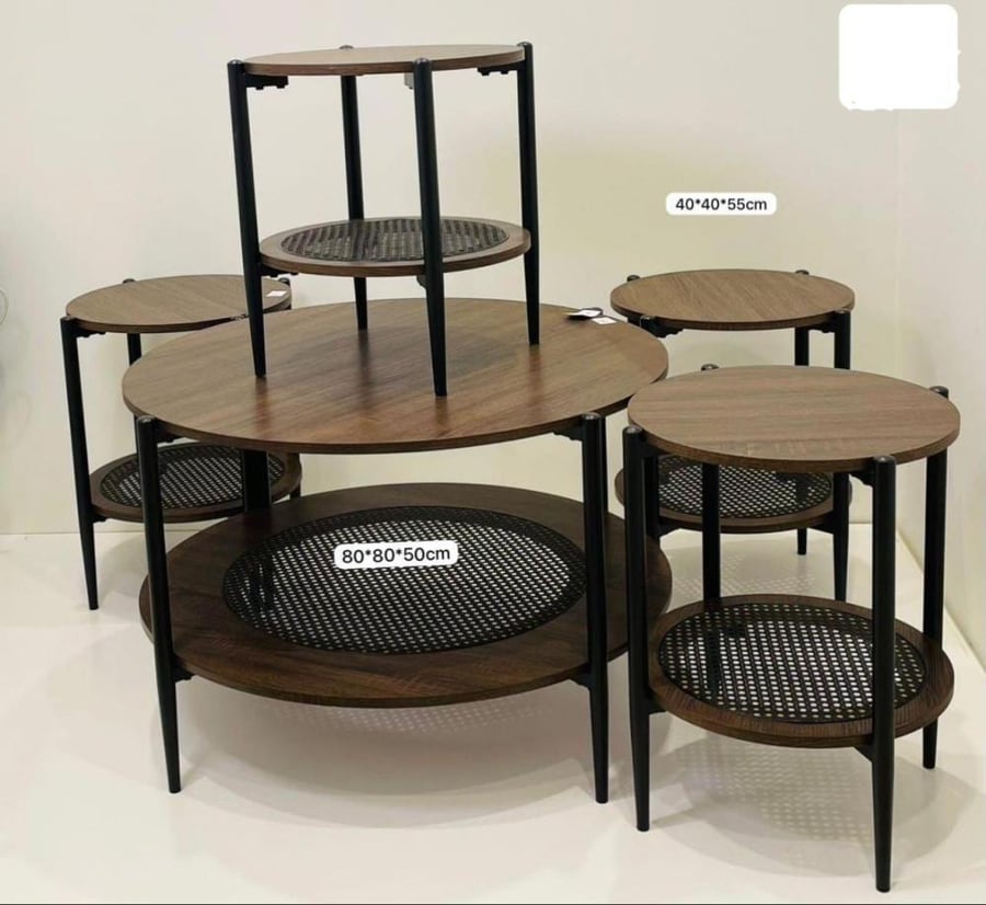 Set of 5 wooden rattan tables