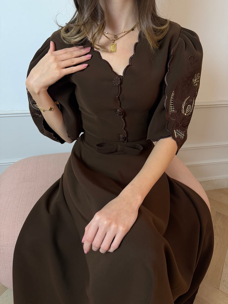A brown crepe dress embroidered with golden and brown silk threads