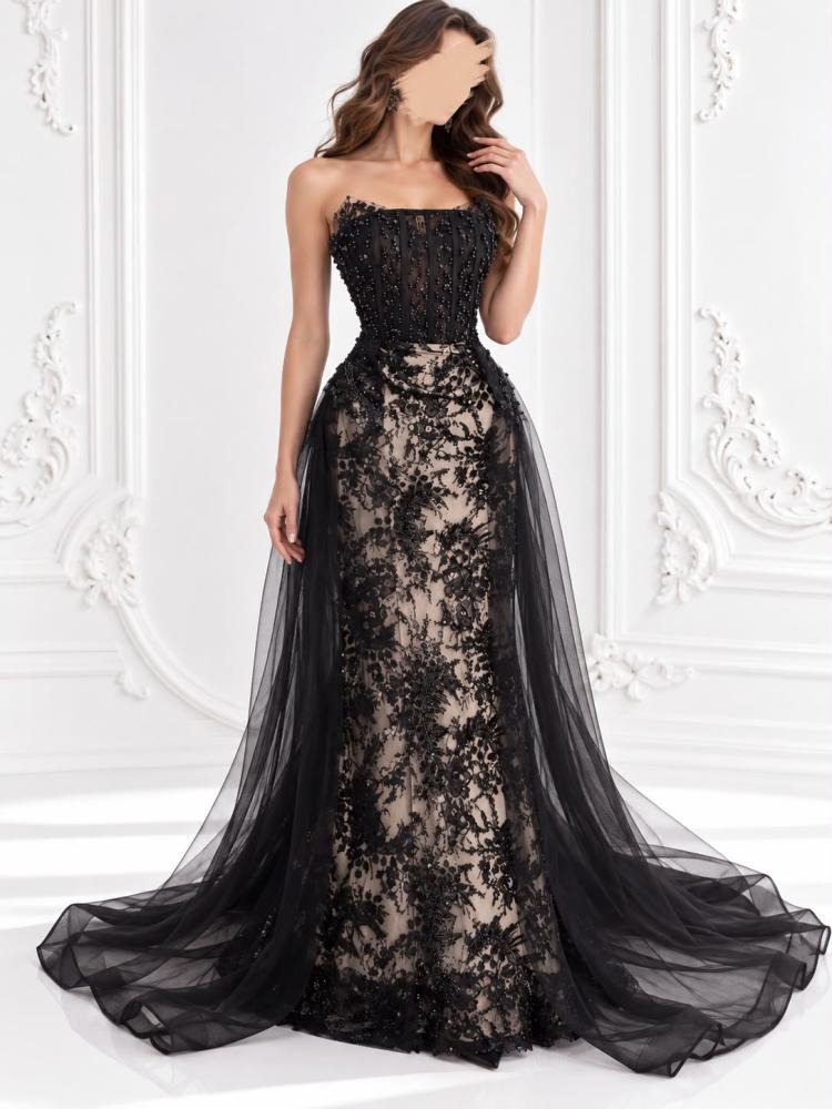 فستان سهرة وردي لحمي  و اسود فاخر