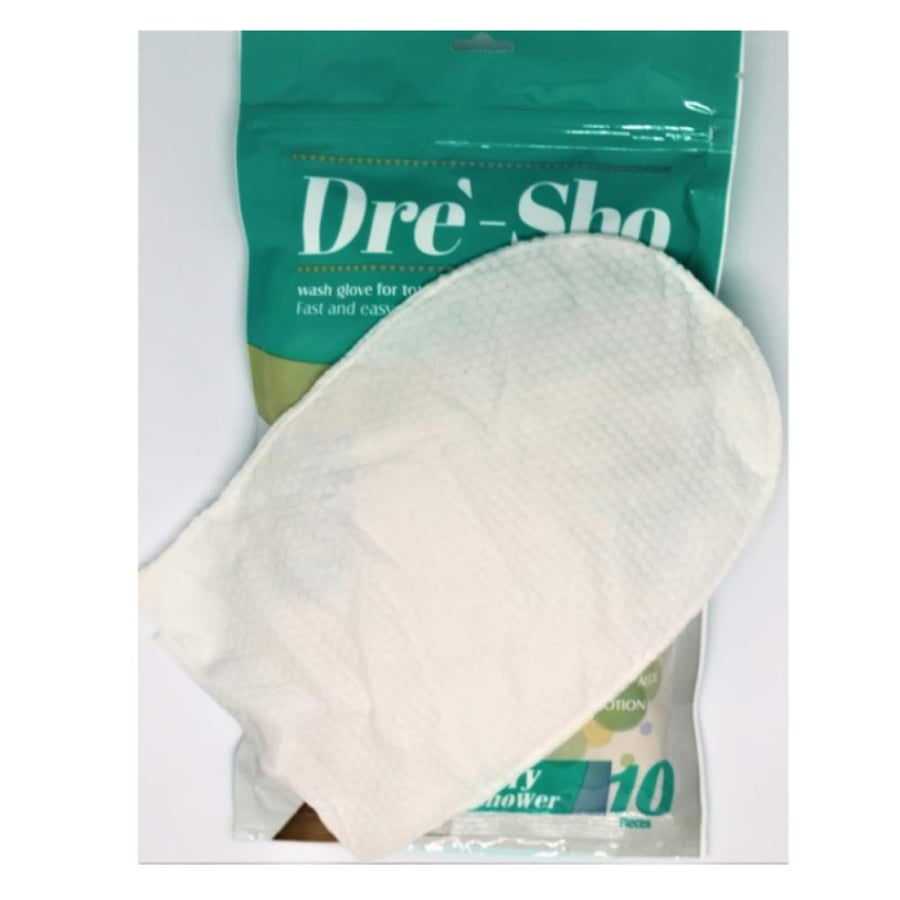 قفازات طبية مبلله لتنظيف الجسم من دري شو DRY SHO PKT 10