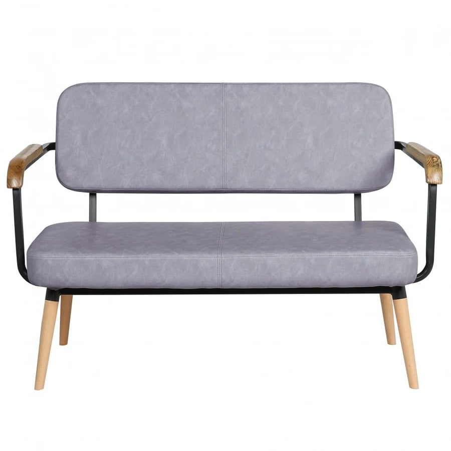 Two-seater iron sofa with wooden arms, back, and fabric seating