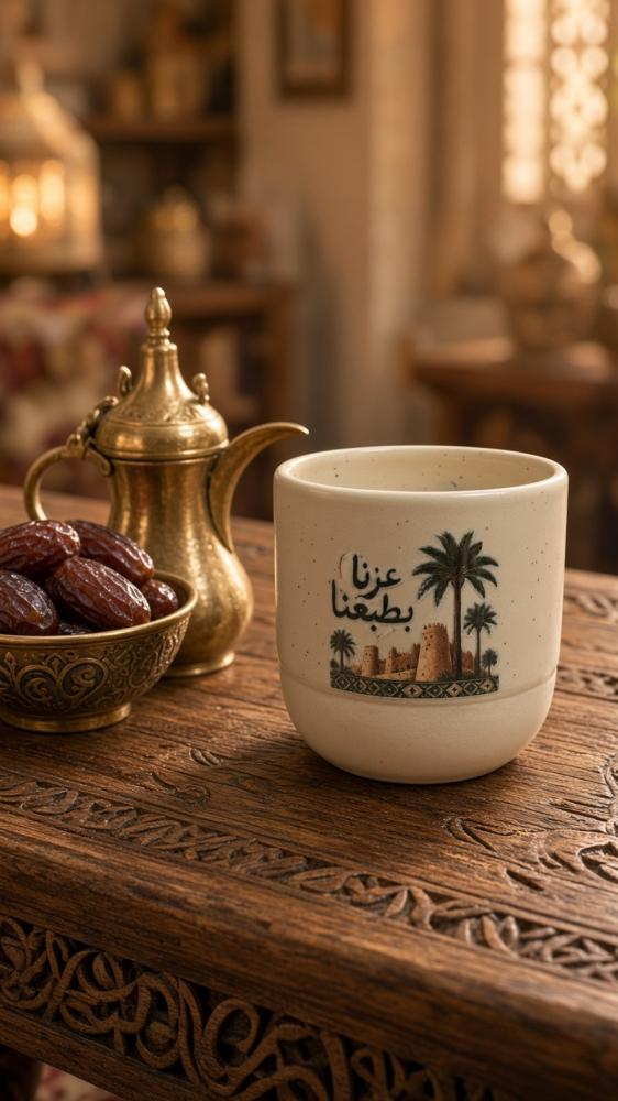 أكواب سيرامك  لون بيج  بشعار {عزنا  بطبعنا}
