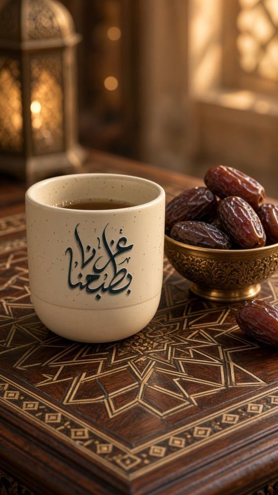 أكواب سيراميك لون بيج  بشعار {عزنا بطبعنا }