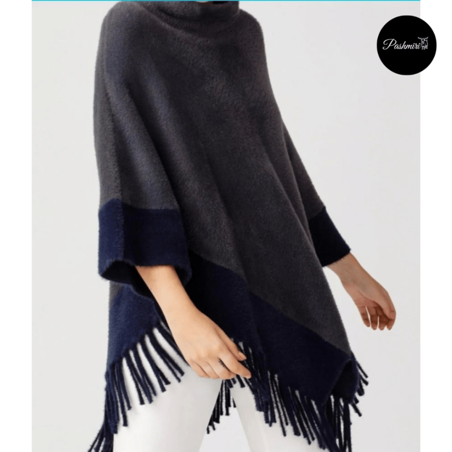 شال رمادي مع طرف كحلي  فرو أرنب طبيعي مع صوف كشميري وتركي      natural rabbit fur scarf with Turkish and Kashmiri wool/