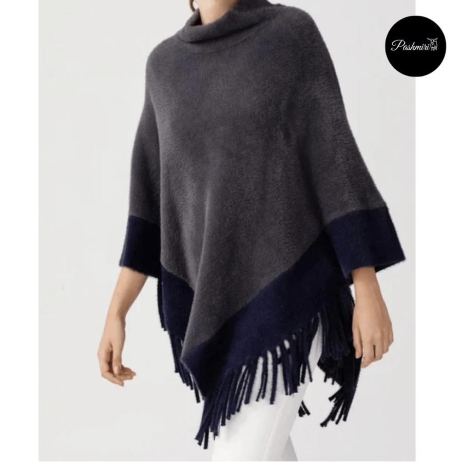 شال رمادي مع طرف كحلي  فرو أرنب طبيعي مع صوف كشميري وتركي      natural rabbit fur scarf with Turkish and Kashmiri wool/