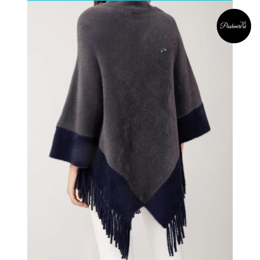 شال رمادي مع طرف كحلي  فرو أرنب طبيعي مع صوف كشميري وتركي      natural rabbit fur scarf with Turkish and Kashmiri wool/