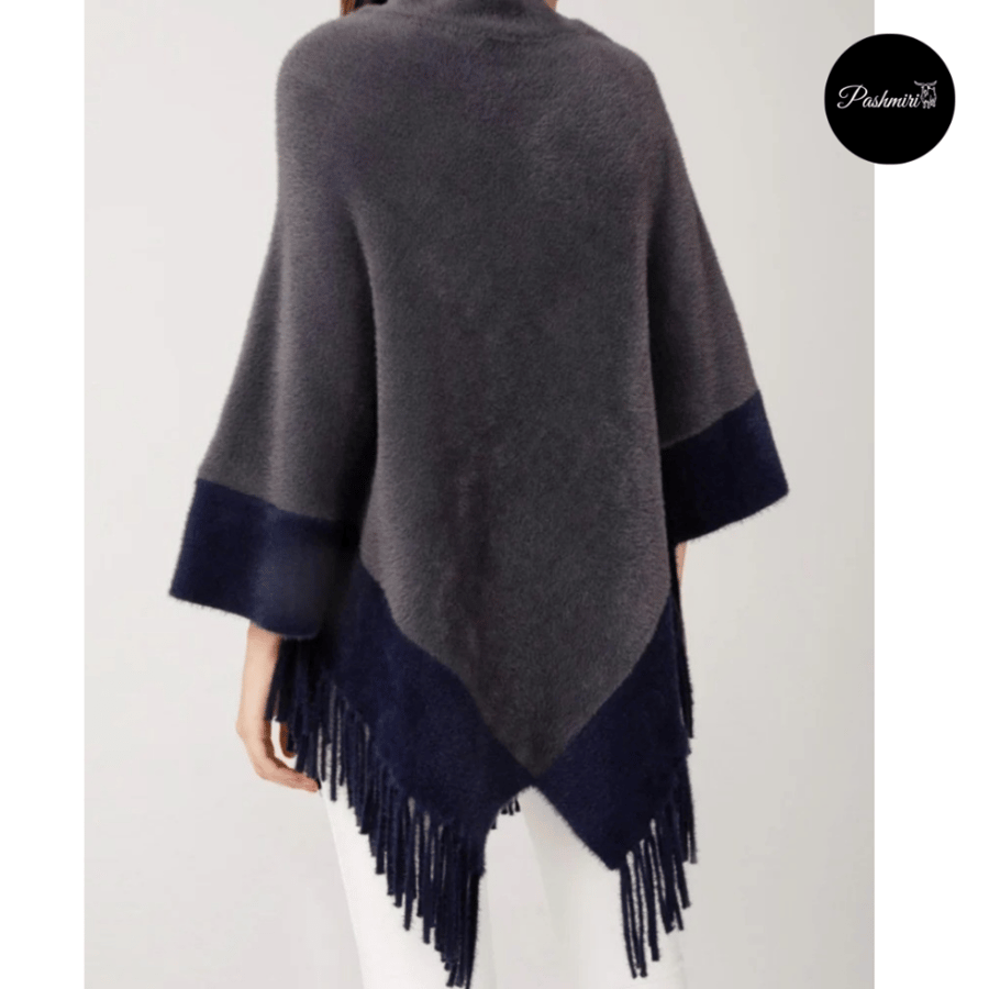 شال رمادي مع طرف كحلي  فرو أرنب طبيعي مع صوف كشميري وتركي      natural rabbit fur scarf with Turkish and Kashmiri wool/