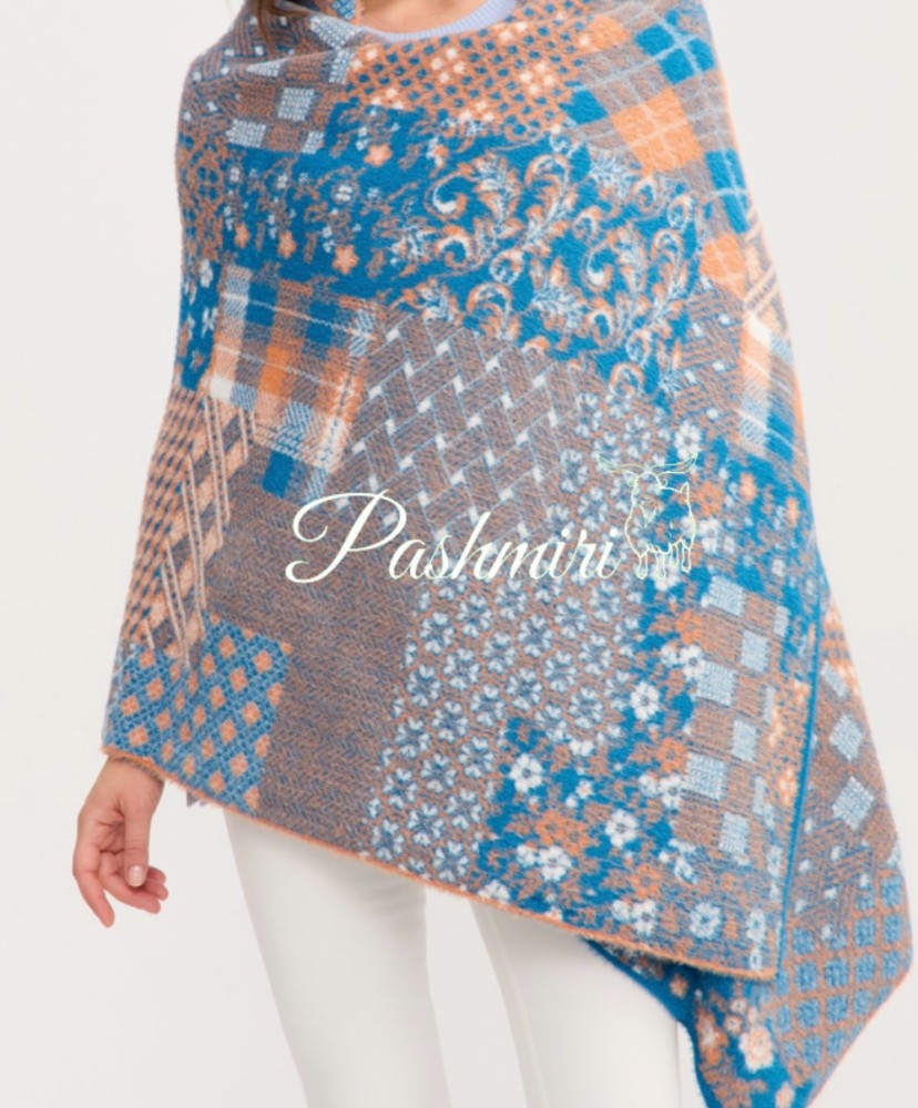 شال فرو أرنب طبيعي ناعم مع صوف كشميري وتركي لون تركواز مع مشمشي فاتح / حجم ملكي مقاس 2م×85سم          natural rabbit fur scarf with Turkish and Kashmiri wool/royal size