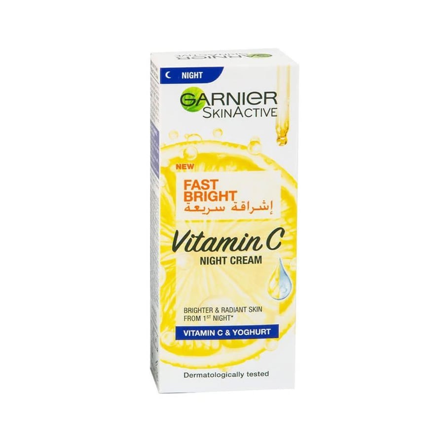 غارنيه كريم الليل للتفتيح بشرة أفتح وخالية من البفقع من الأسبوع الأول 50مل 0544 GARNIER FAST FAIRNESS CREAM NIGHT VITAMIN C LEMON&YOGHURT 50ML(0544)