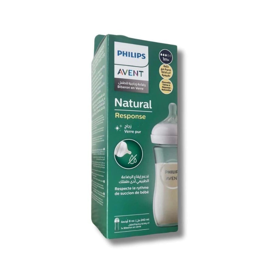أفنت رضاعة زجاج طبيعية 240مل +1شهر - حلمة بتصميم مانع للتسرب - اخضر 933/01 AVENT NATURAL BOTTLE 240ML PURE GLASS +1M NO-DRIP TEAT DESIGN - GREEN SCY933/01 (12188)