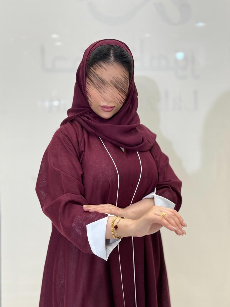 عبايه دبل كلوش بقماش لنن هندي عنابي