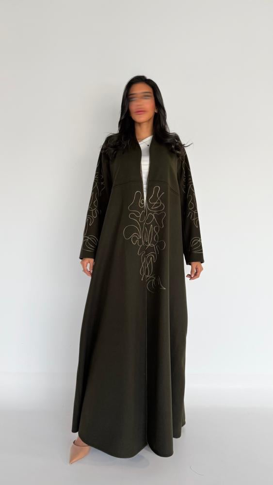 Abaya Tain with story A made of olive-colored grosgrain fabric