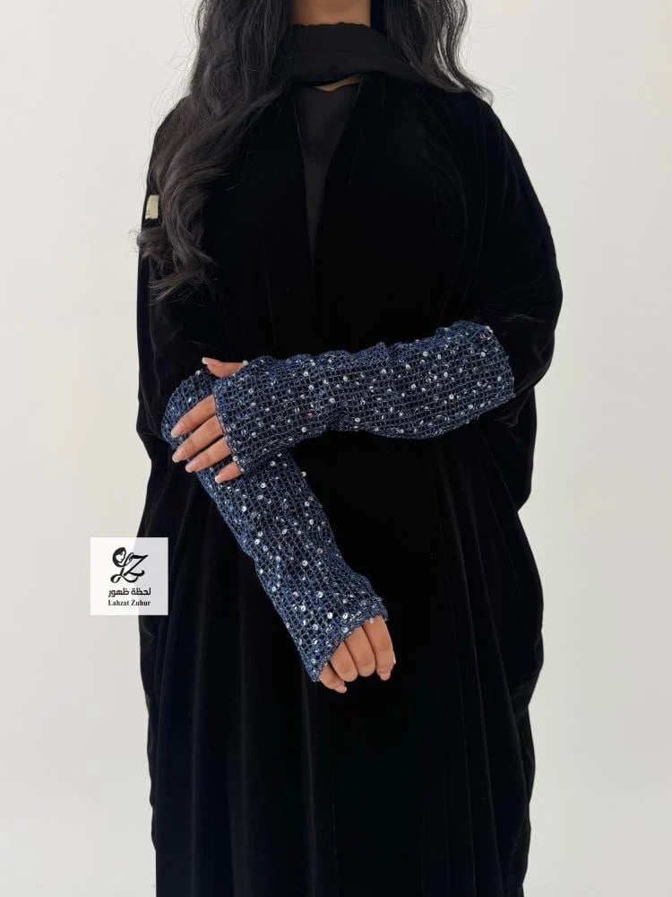 عباية إبهار نص بشت بقماش مخمل وتداخل تريكو لمعه كحلي