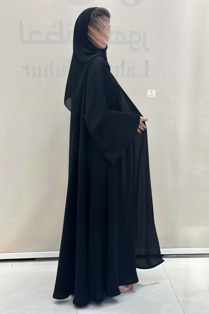 Double abaya with internet fabric, black, with navy blue detailing