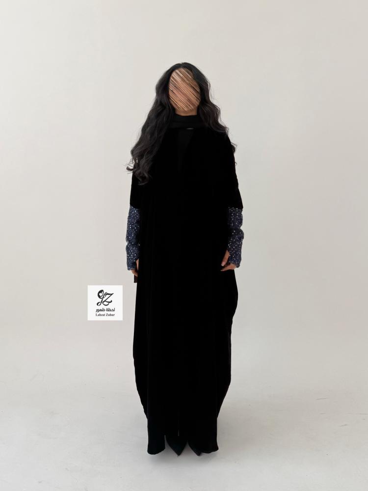 عباية إبهار نص بشت بقماش مخمل وتداخل تريكو لمعه كحلي