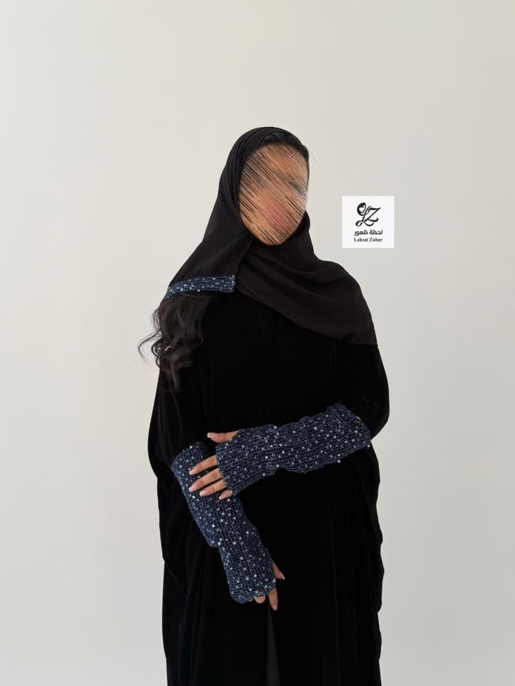 عباية إبهار نص بشت بقماش مخمل وتداخل تريكو لمعه كحلي