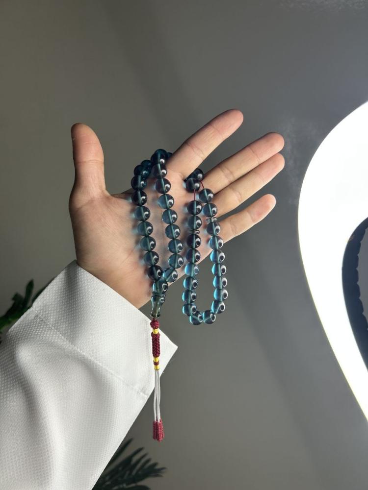 سبحة زاعفرنية فيروزي شفاف مع كركوشة أحمر