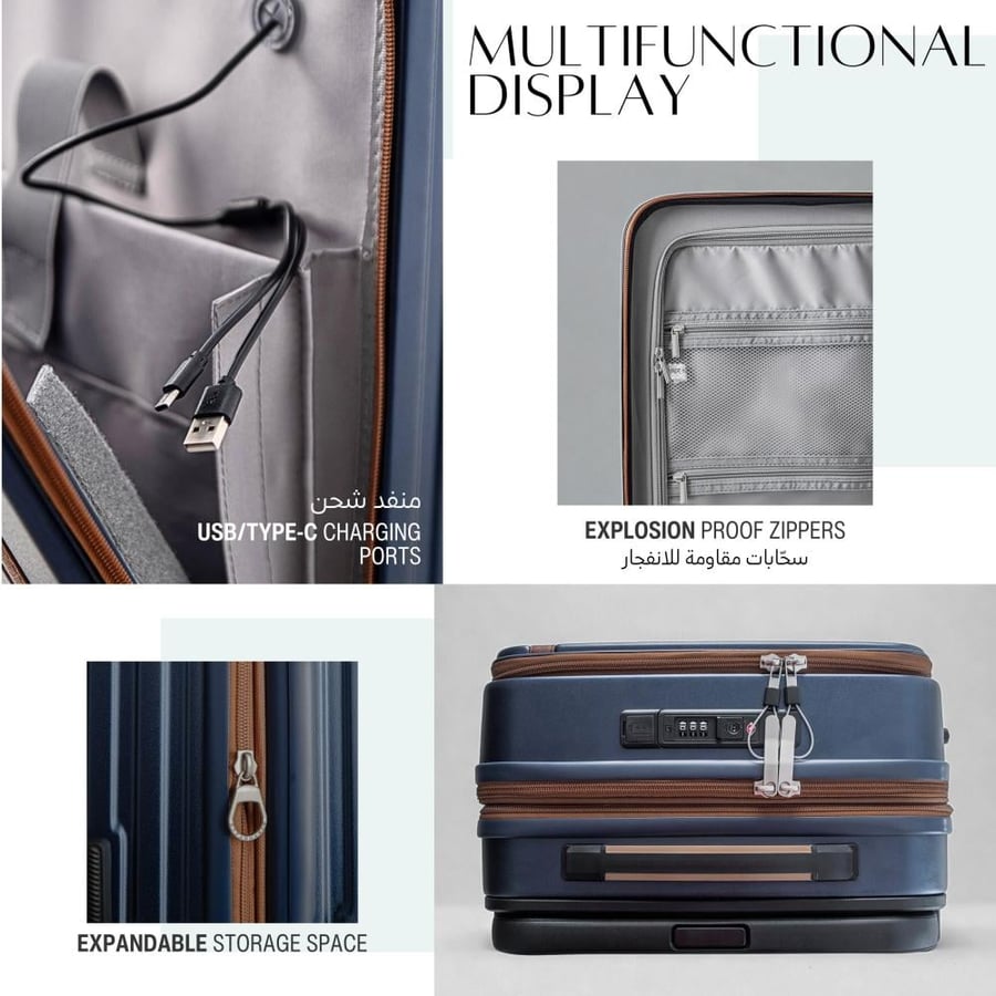 Pantom Luggage Set 20"/24" Carry-On & Check In with Front Open Laptop Compartment, Wide Handle, Expandable, USB Ports - Navy