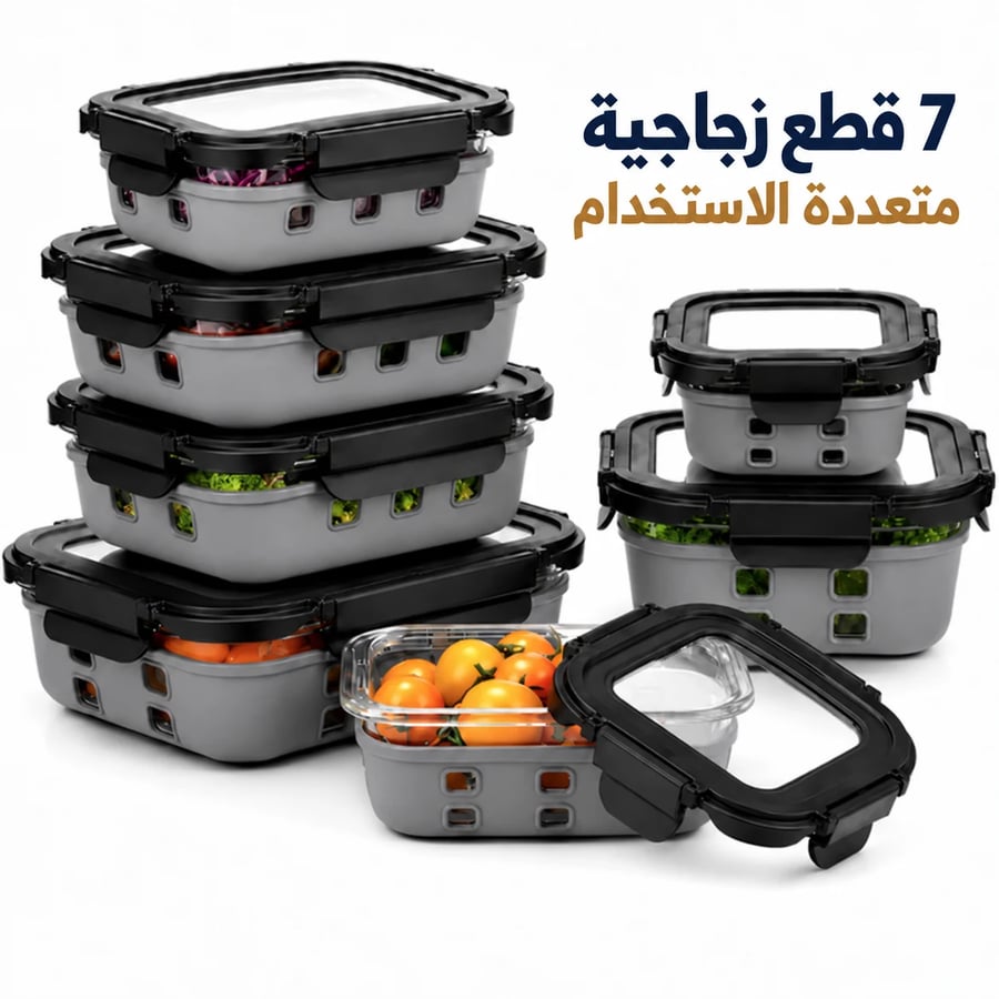 طقم حافظات طعام زجاج أرشيا 7 قطع بأغطية ستانلس ستيل