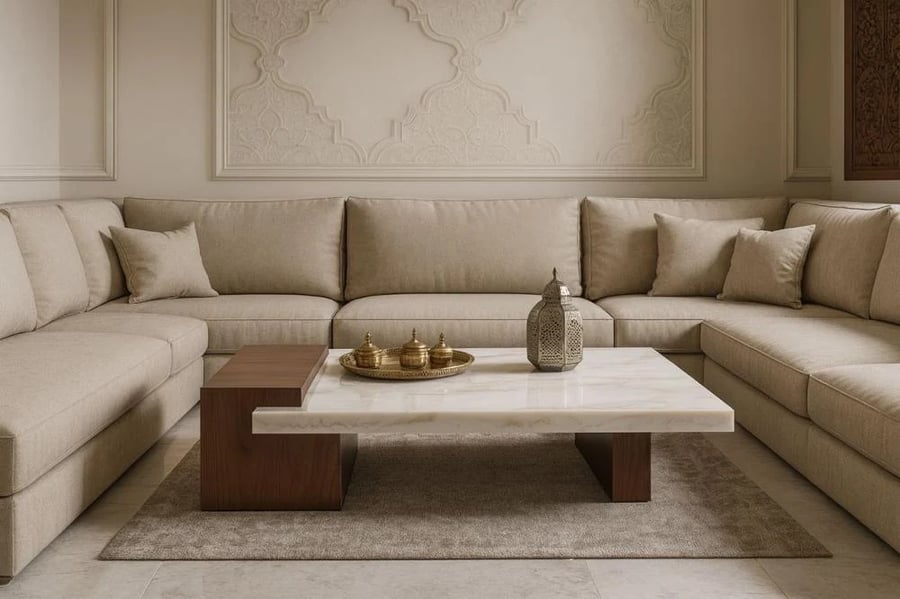 طاولة قهوة بسطح خشب ورخام 50×180×90سم(منتج تفصيل)
