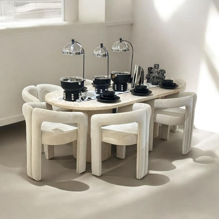 Marble dining table Travertine 6 chairs upholstered fabric (customized according to request with additional chairs or fewer)