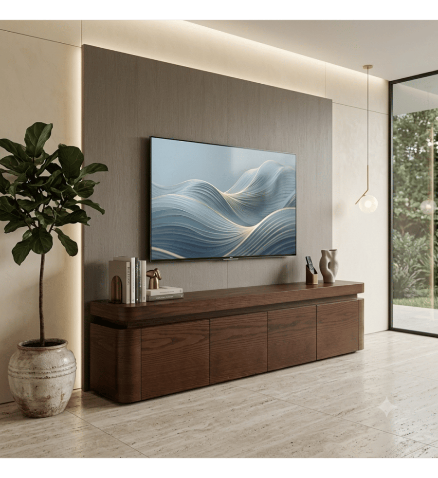 طاولة تلفزيون خشبية طاولة بلازما سنديان طول 200سم 4ابواب بتصميم أنيق ولمسة طبيعية(منتج تفصيل)