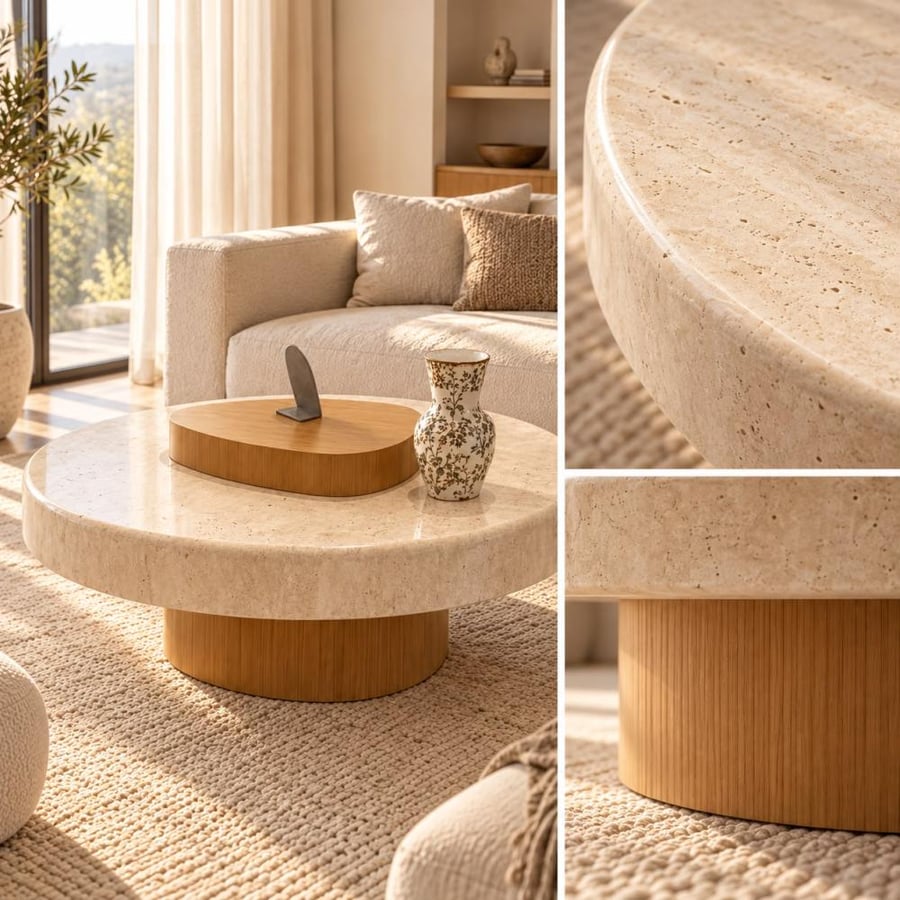 طاولة قهوة دائرية بسطح رخامي ترفنتينوا  وقاعدة من خشب السنديان 90×90×45سم