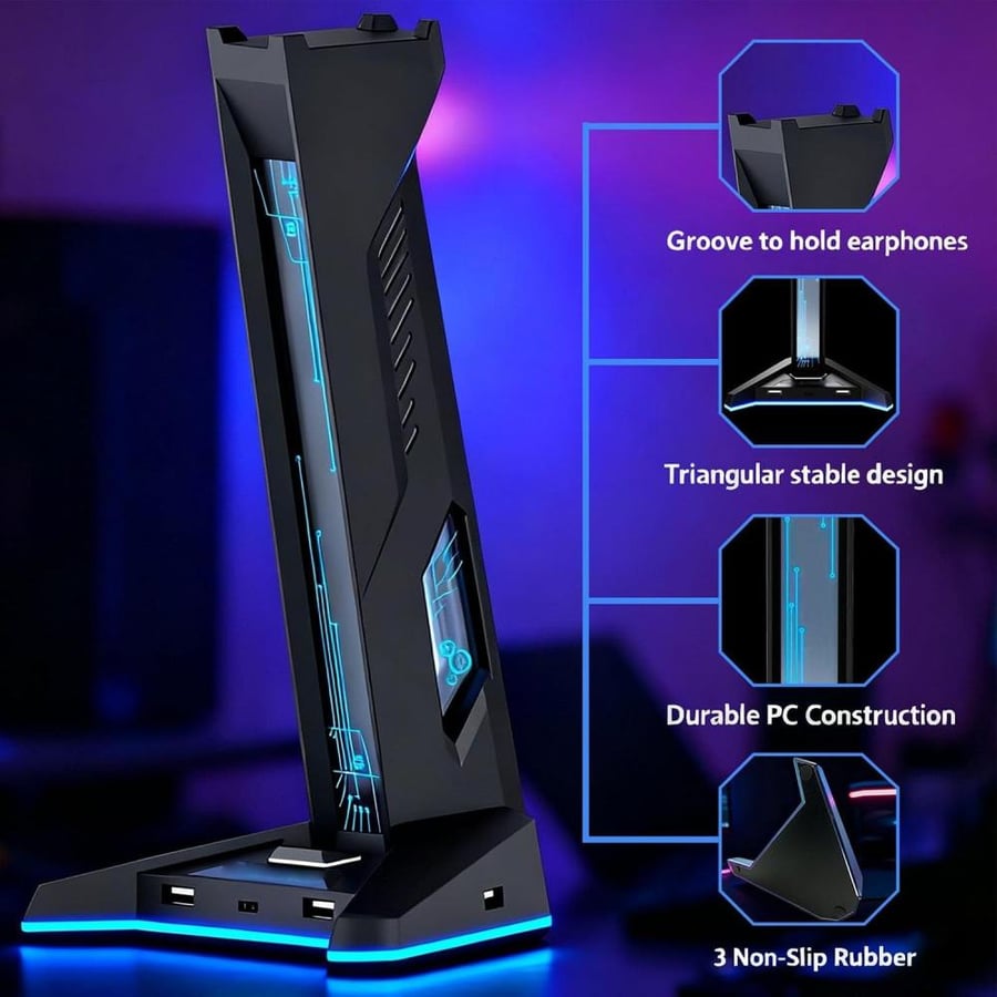 بي وينر حامل سماعة راس RGB مع موزع USB، اضاءة LED لاعداد الالعاب