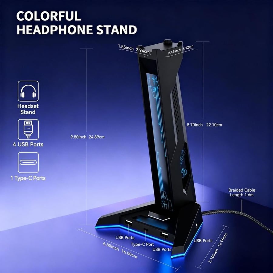 بي وينر حامل سماعة راس RGB مع موزع USB، اضاءة LED لاعداد الالعاب