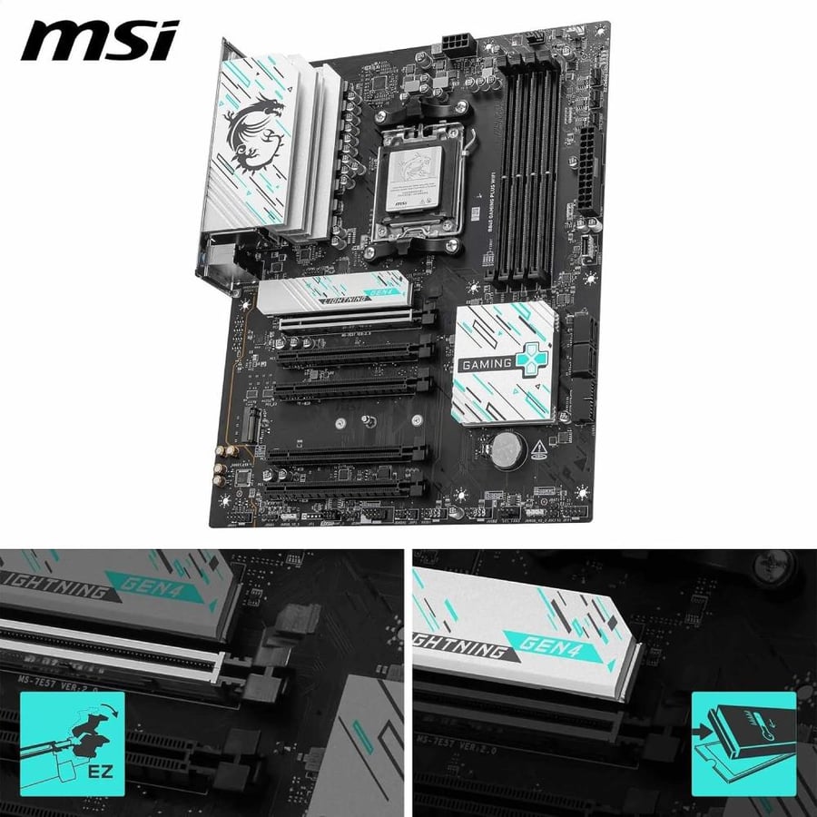 MSI لوحة ام B840 جيمنج بلس واي فاي، ايه تي اكس - تدعم معالجات AMD رايزن 9000/8000/7000، AM5 - DDR5 تعزيز الذاكرة 8000+ MT/s (OC)، منفذ PCIe 4.0 x16، M.2 الجيل الرابع، واي فاي 7، شبكة محلية LAN 2.5G