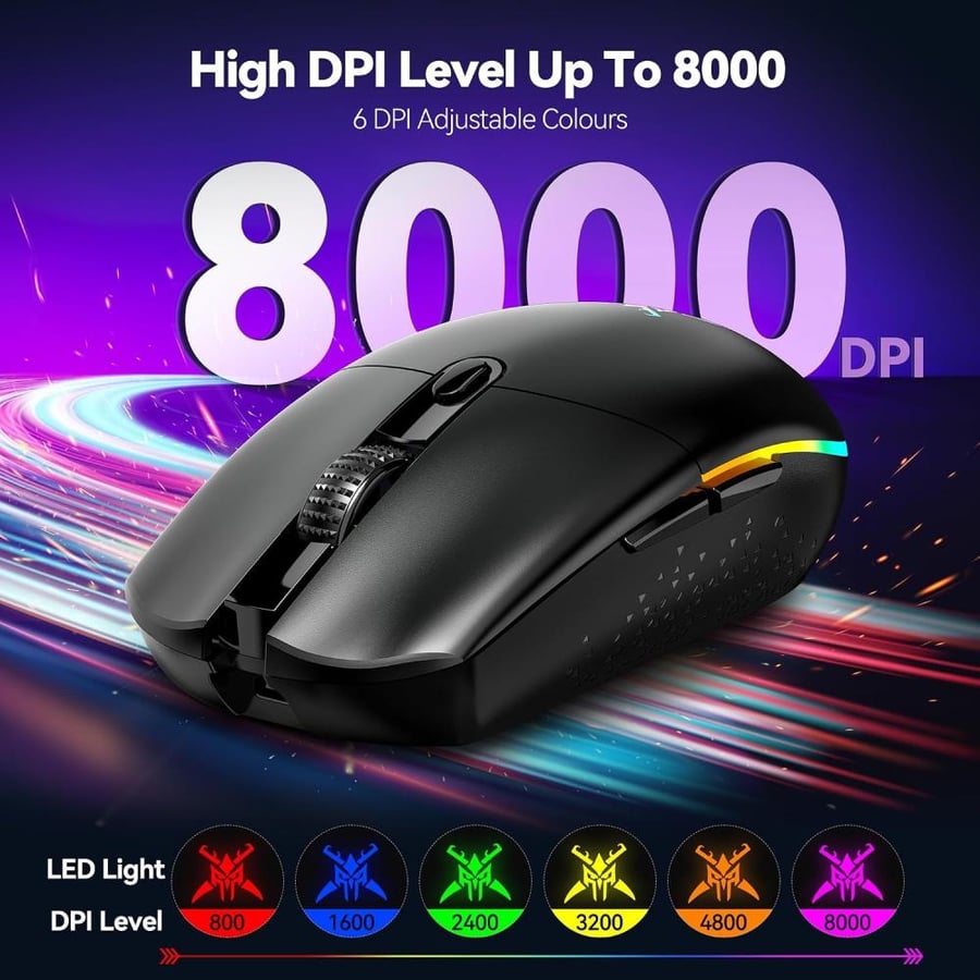 تيك نيت ماوس العاب لاسلكي - 8000 نقطة لكل بوصة، اضاءة خلفية RGB، 6 ازرار قابلة للبرمجة، عمر بطارية 100 ساعة، وضع مزدوج [2.4G وUSB-C] للابتوب والكمبيوتر وماك - اسود