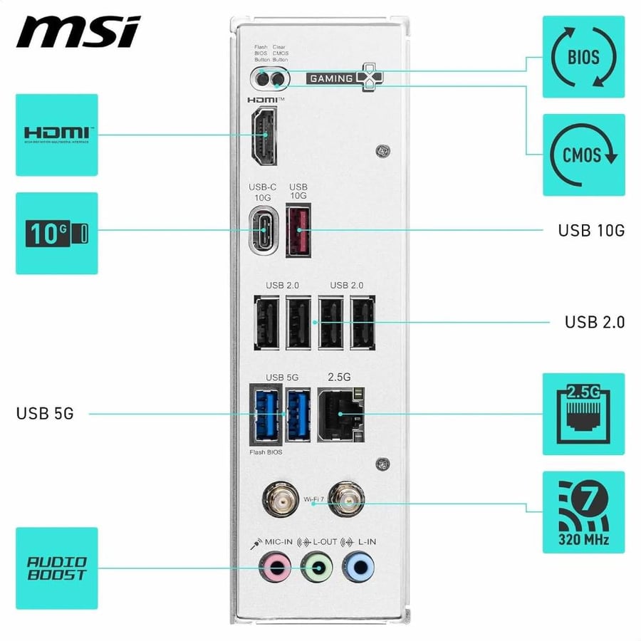 MSI لوحة ام B840 جيمنج بلس واي فاي، ايه تي اكس - تدعم معالجات AMD رايزن 9000/8000/7000، AM5 - DDR5 تعزيز الذاكرة 8000+ MT/s (OC)، منفذ PCIe 4.0 x16، M.2 الجيل الرابع، واي فاي 7، شبكة محلية LAN 2.5G