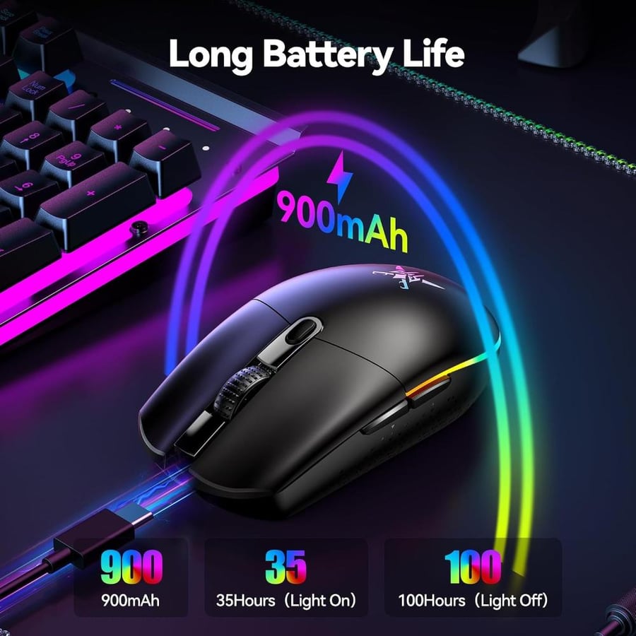 تيك نيت ماوس العاب لاسلكي - 8000 نقطة لكل بوصة، اضاءة خلفية RGB، 6 ازرار قابلة للبرمجة، عمر بطارية 100 ساعة، وضع مزدوج [2.4G وUSB-C] للابتوب والكمبيوتر وماك - اسود