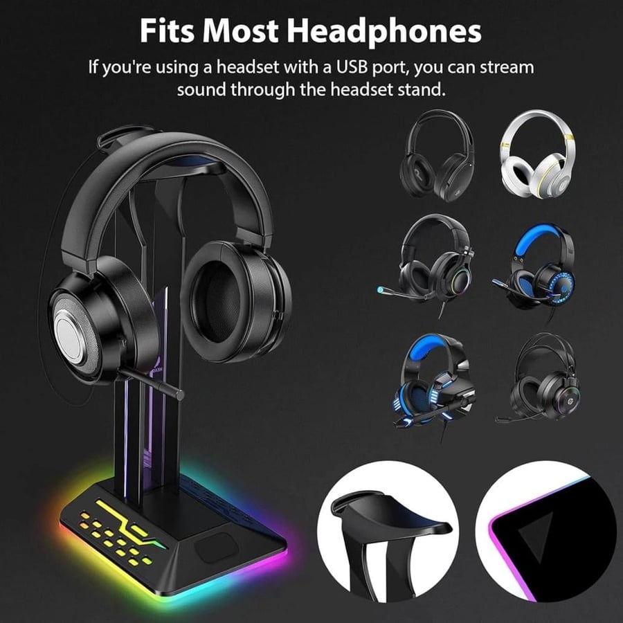 حامل أجهزة إلكترونية من لينجيه لسماعات الألعاب و PC و ماك مع إضاءة RGB و منافذ USB من البلاستيك أسود